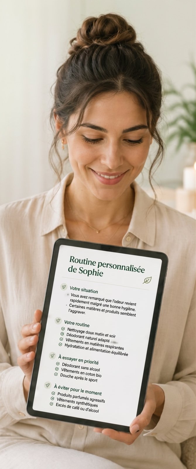 Cliente consultant sa routine personnalisée sur tablette